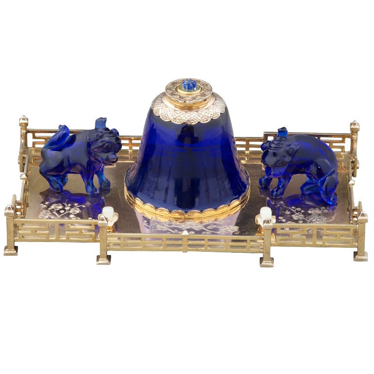 English Inkwell with Peking Glass For Sale