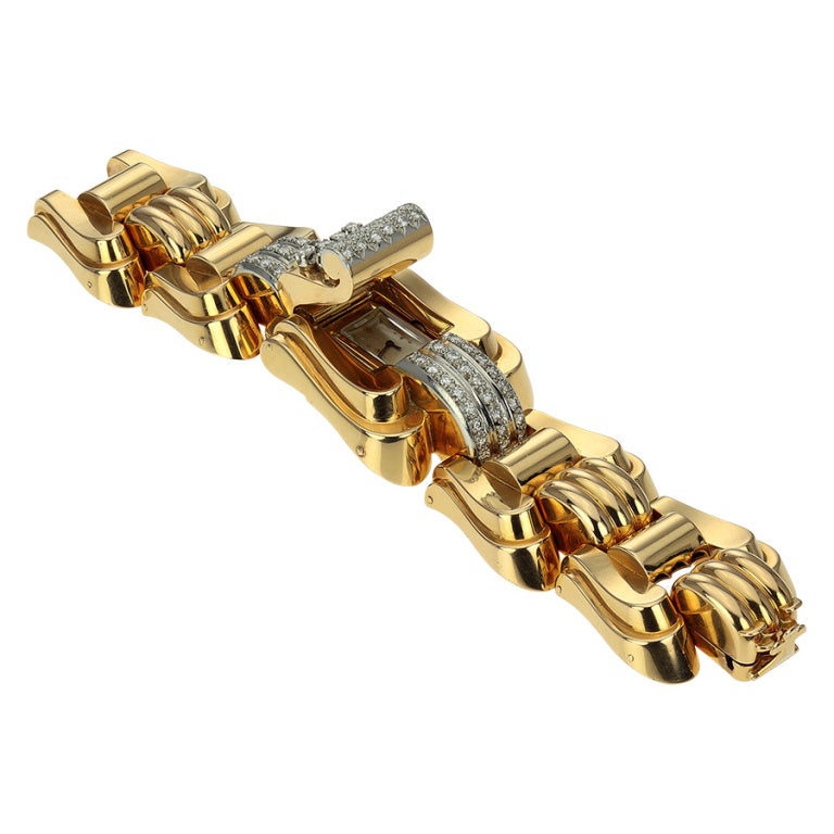 Women's Yellow Gold and Diamond Retro Bracelet With Concealed Dial For Sale