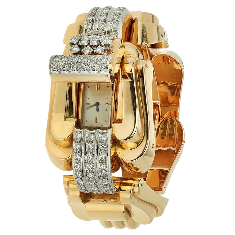Yellow Gold and Diamond Retro Bracelet With Concealed Dial For Sale