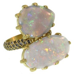 Double Opal Ring on Triple Row Pavé Diamond Band