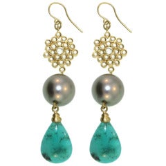 Diamond Honeycomb, Pearl, and Peruvian Opal Earrings