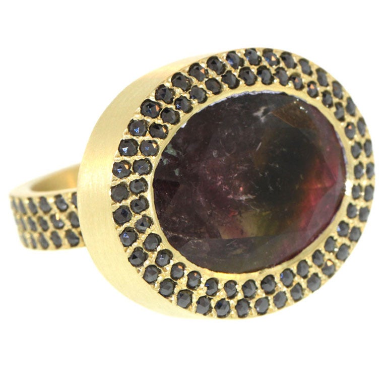 Tourmaline and Black Diamond Ring For Sale