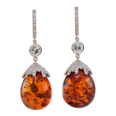 18kt. White Gold, Amber, Diamonds Drop Earrings