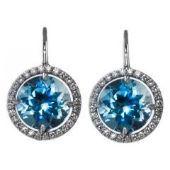 Pr. 18kt. White Gold, Round Aquamarines and Diamonds Earrings