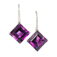 Emerald-cut Amethysts, Diamonds Drop Earrings