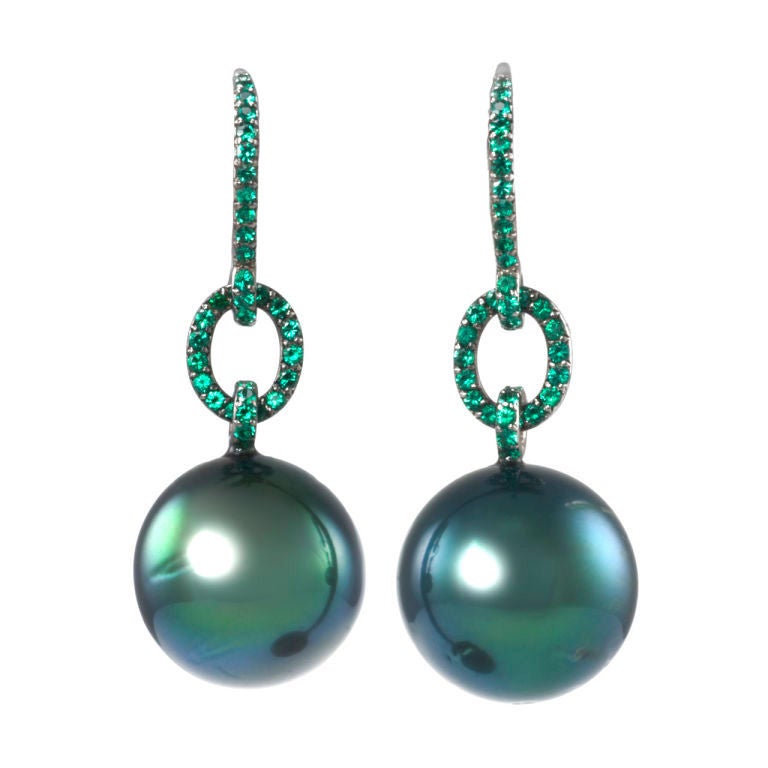 Pr. Black Pearls, Emeralds Drop Earrings For Sale
