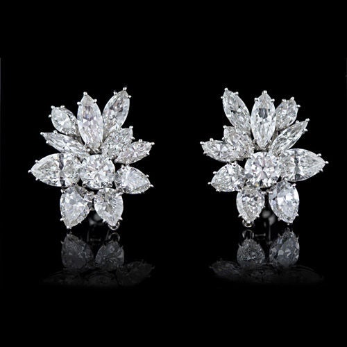 Fine Classic Marquise Pear and Round Diamond Cluster Earclips For Sale ...