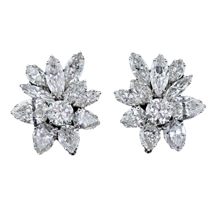 Fine Classic Marquise Pear and Round Diamond Cluster Earclips For Sale ...