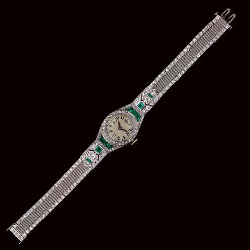 Women's Platinum Diamond and Emerald Art Deco Watch with Mesh Band
