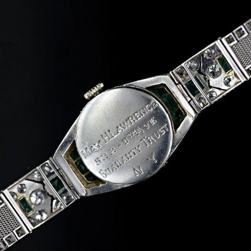 Platinum Diamond and Emerald Art Deco Watch with Mesh Band 1
