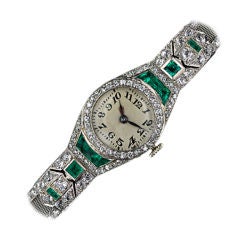 Platinum Diamond and Emerald Art Deco Watch with Mesh Band