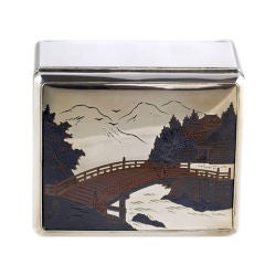 Mixed Metal Japanese Silver Box Depicting Shinto Shrine