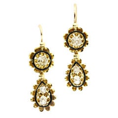 Antique French Black Enamel and Diamond Drop Earrings