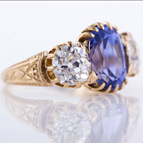 Women's Antique Cushion Cut Violet Blue Sapphire & Diamond Three Stone Victorian Ring For Sale