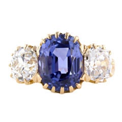 Antique Cushion Cut Violet Blue Sapphire & Diamond Three Stone Victorian Ring