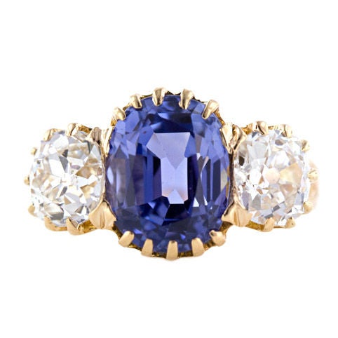 Antique Cushion Cut Violet Blue Sapphire & Diamond Three Stone Victorian Ring For Sale