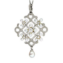 Edwardian Platinum Diamond and Pearl Pendant Necklace