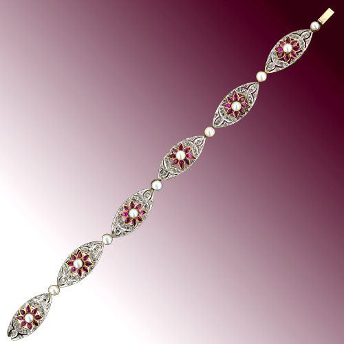 French Belle Epoque Diamond, Ruby and Natural Pearl Bracelet