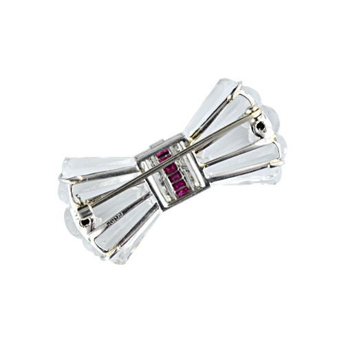 Women's BB&B Art Deco Rock Crystal Ruby and Diamond Bow Pin