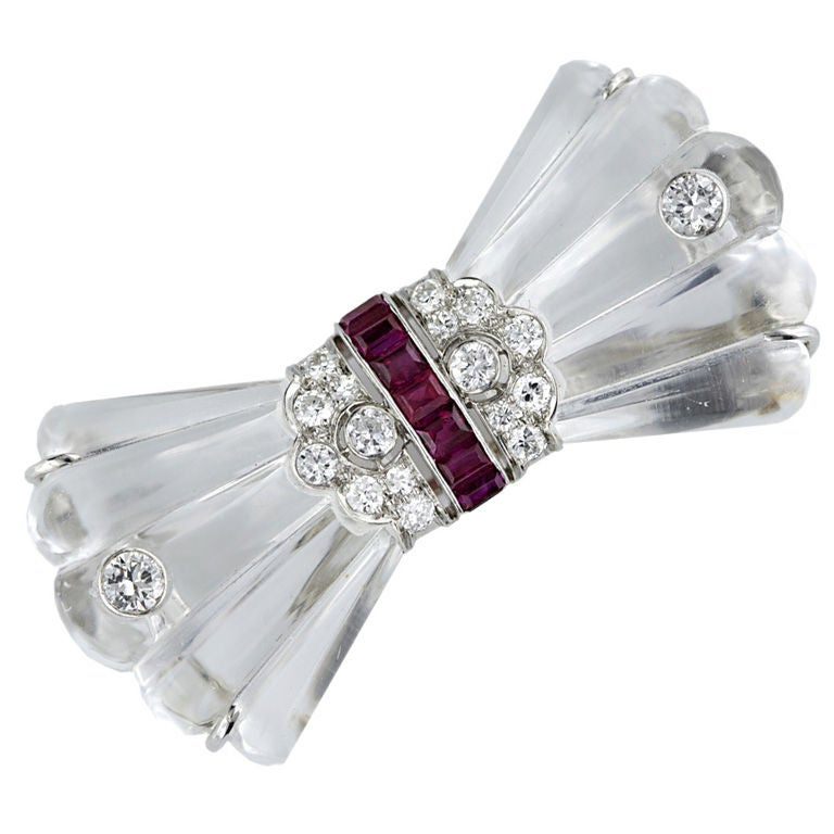 BB&B Art Deco Rock Crystal Ruby and Diamond Bow Pin