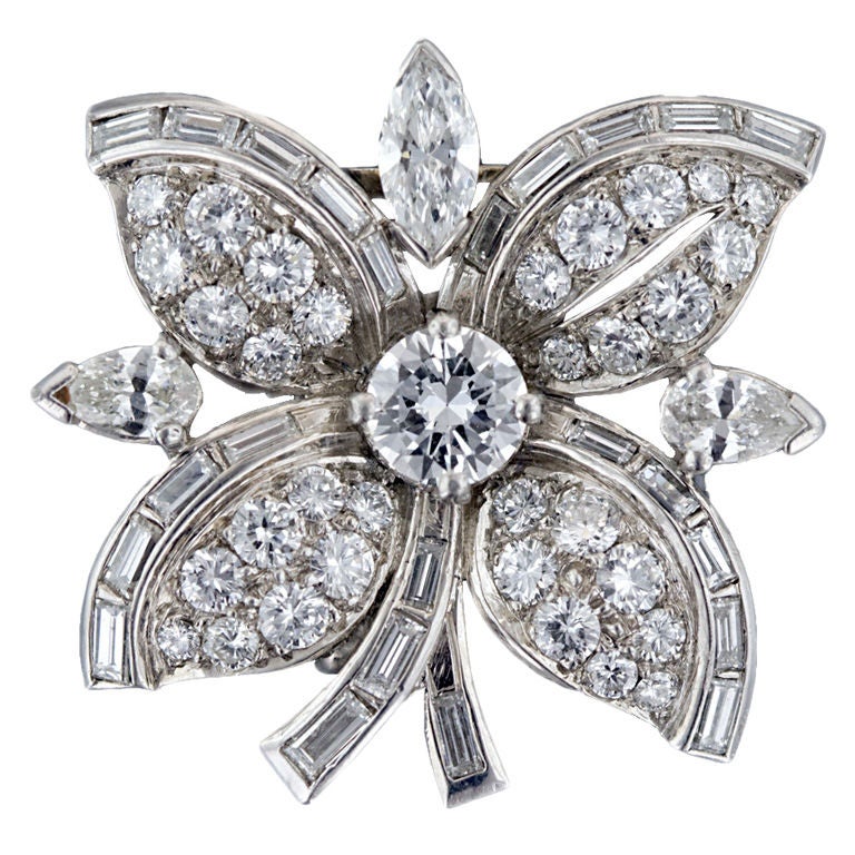 Diamond and Platinum Flower Clip Pin For Sale