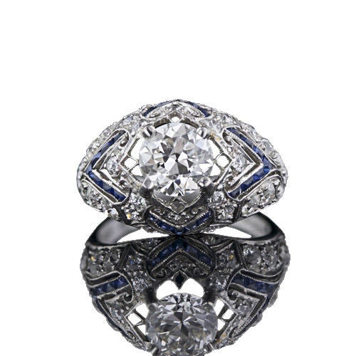 Art Deco 1.19 Carat Diamond and Sapphire Ring