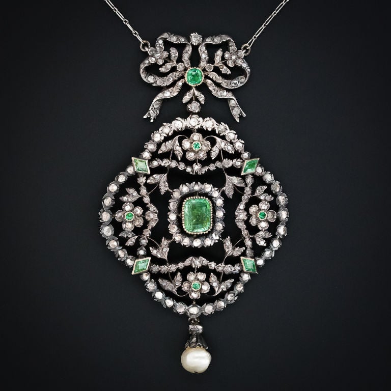 Georgian Emerald and Diamond Lavaliere Necklace at 1stdibs