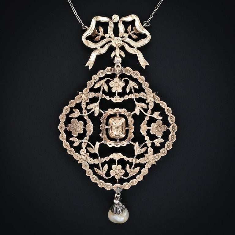 Women's Georgian Emerald and Diamond Lavaliere Necklace