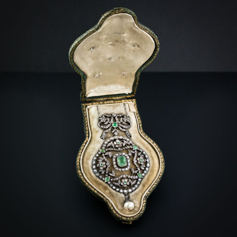 Georgian Emerald and Diamond Lavaliere Necklace 1