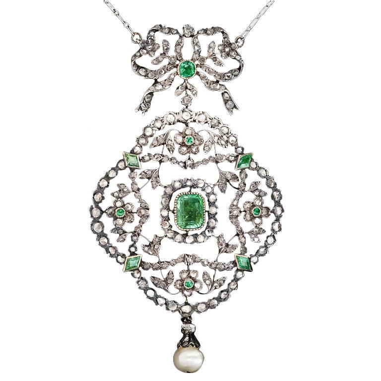 Georgian Emerald and Diamond Lavaliere Necklace at 1stdibs