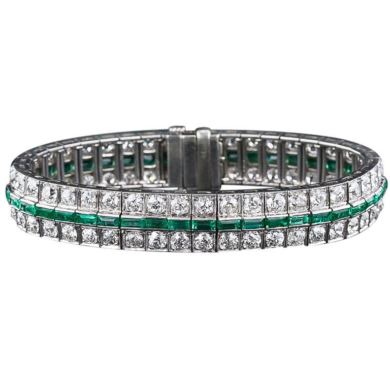 Art Deco Diamond and Emerald Three Row Bracelet For Sale
