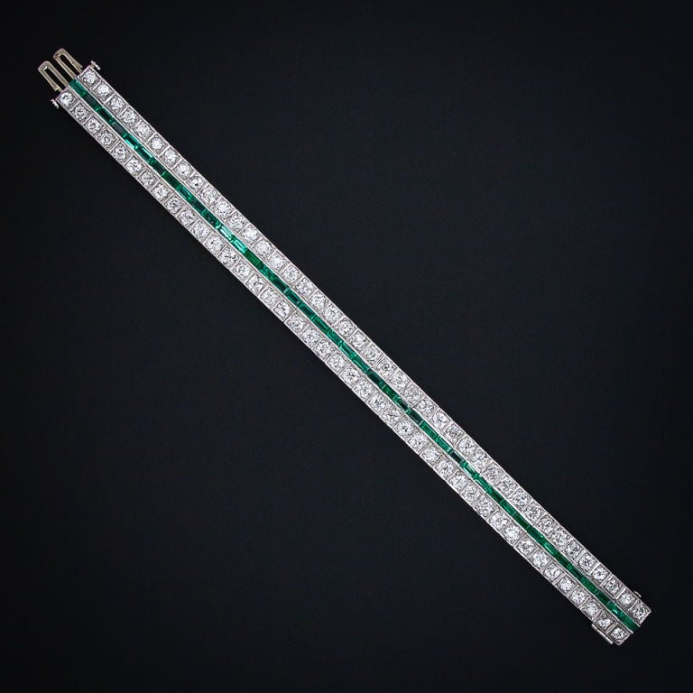 Women's Art Deco Diamond and Emerald Three Row Bracelet For Sale