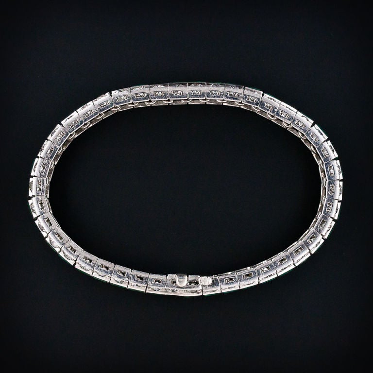 Art Deco Diamond and Emerald Three Row Bracelet For Sale 1