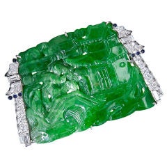 Art Deco Japanesque Carved Jade Pin