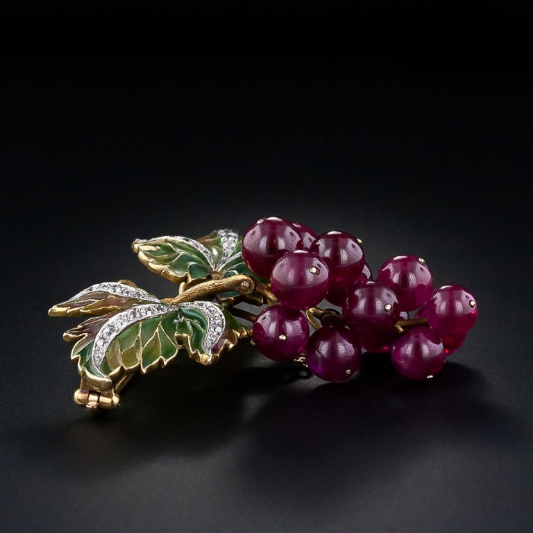 Women's Art Nouveau Plique a Jour Enamel Ruby Diamond Gold Grape Cluster Brooch