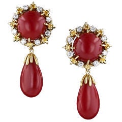 Large Red Coral and Diamond Drop Earrings