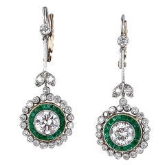 Vintage Style Diamond and Emerald Drop Earrings For Sale at 1stDibs