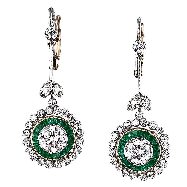 Vintage Style Diamond and Emerald Drop Earrings For Sale