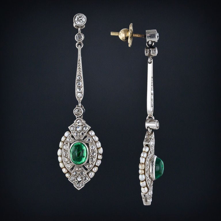 Women's Edwardian Diamond and Emerald Drop Earrings