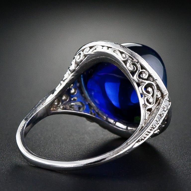 Edwardian No-Heat 15.75 Carat Gem Cabochon Sapphire Diamond Platinum Ring In Excellent Condition For Sale In San Francisco, CA