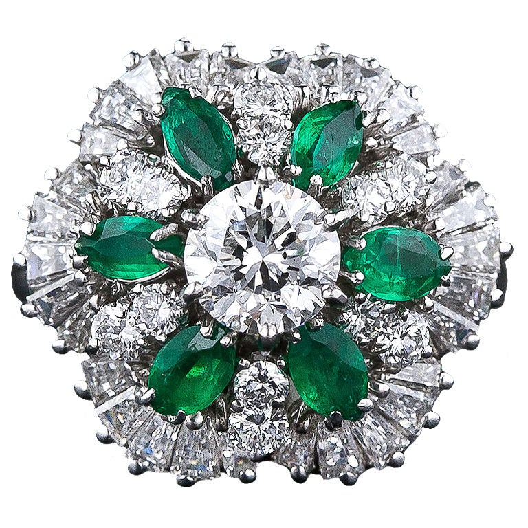 1.05 Carat Center Diamond, Emerald and Diamond Cocktail Ring For Sale