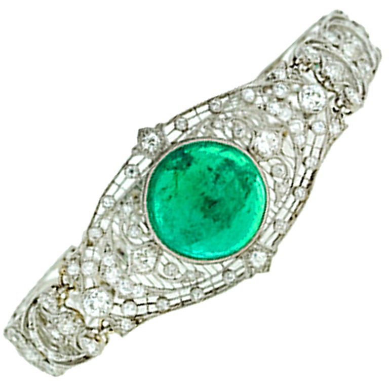 Exceptional Edwardian Cabochon Emerald and Diamond Bracelet