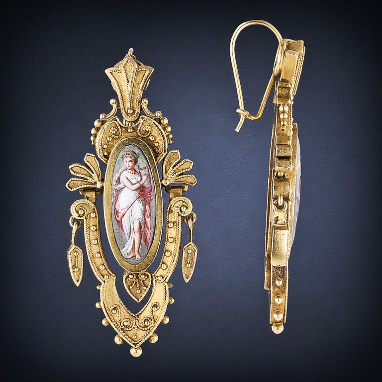 Victorian Etruscan Revival Enamel Earrings in 22 Carat Gold For Sale