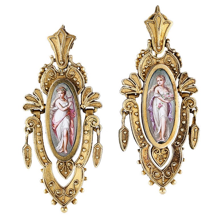 Etruscan Revival Enamel Earrings in 22 Carat Gold For Sale