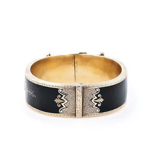 Women's Black Enamel Antique Bangle Bracelet For Sale