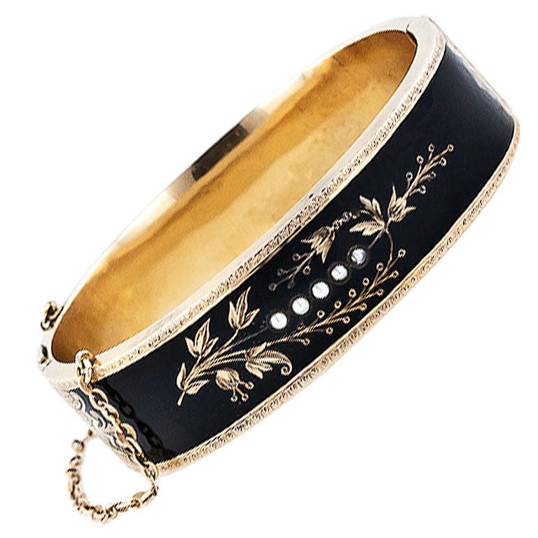 Black Enamel Antique Bangle Bracelet For Sale