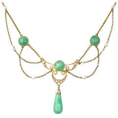 Art Nouveau Krementz Jade and Pearl Necklace