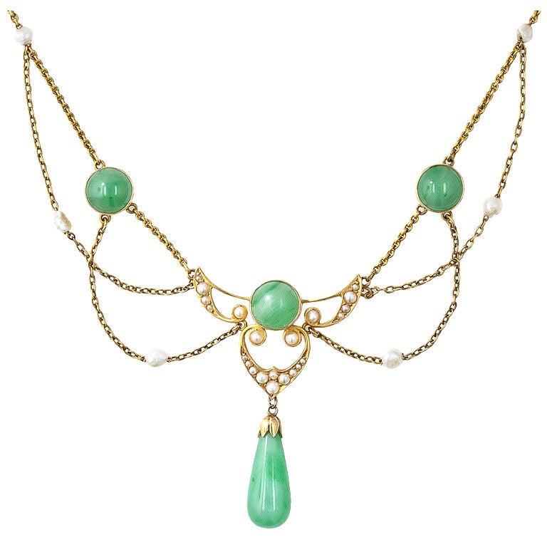 Art Nouveau Krementz Jade and Pearl Necklace