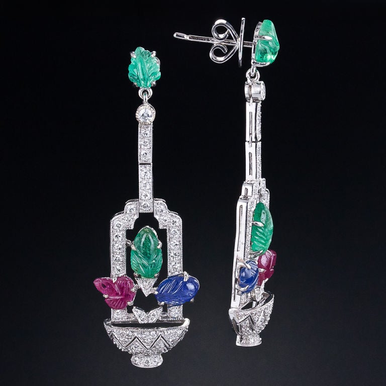 Diamond and Carved Gemstone 'Tutti-Frutti' Earrings