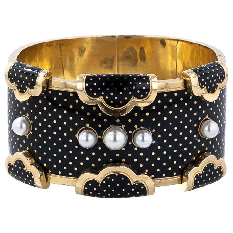 French Polka-Dot Enamel Hinged Bracelet For Sale